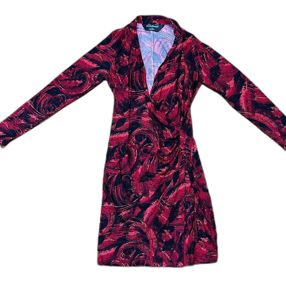 NORMA KAMALI Red & Black Feather Print Faux Wrap Stretch Dress   Women's Size L - Picture 3 of 10